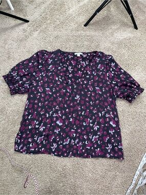 Allison Joy Dark Plum Floral V-Neck Blouse with Magenta and Lavender Accents